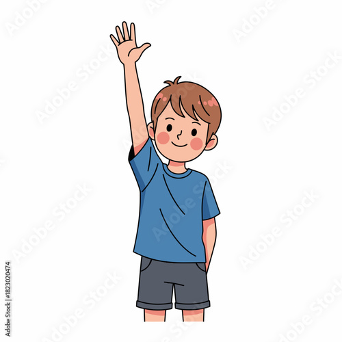 Cute cartoon boy raising his hand with a happy expression.