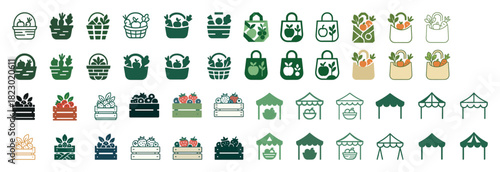 Variety of fruit and vegetable icon sets including baskets, bags, crates, and tents