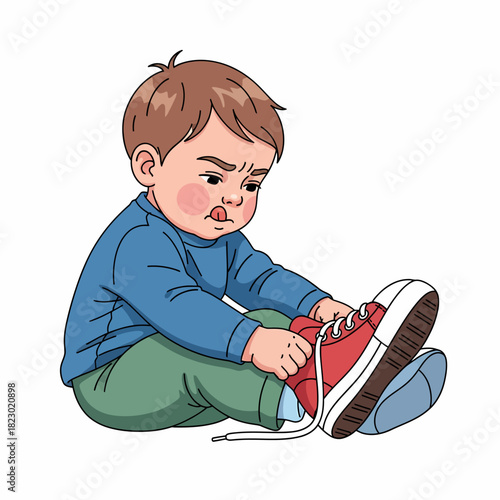 Young boy concentrating on tying his red shoe laces.