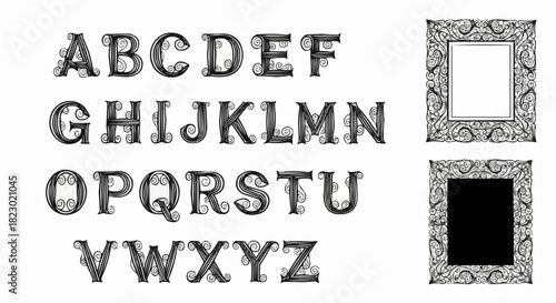 Elegant alphabet letters with decorative frames and artistic design.