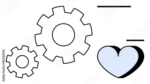 Interlocking gears symbolize teamwork and efficiency next to a heart representing care and empathy. Ideal for teamwork, innovation, synergy, emotional connection, wellness, productivity, harmony