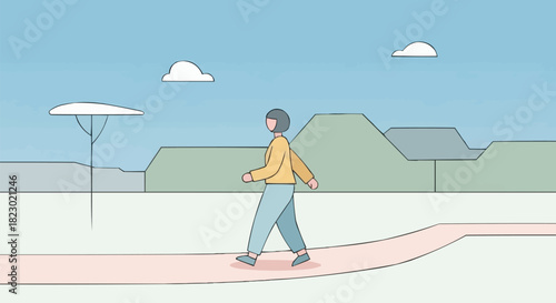 Person walking on a path in a stylized landscape.