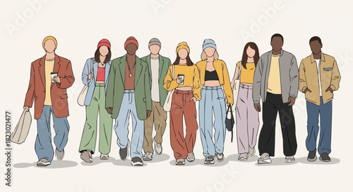 Diverse group of young adults showcasing modern street style fashion.