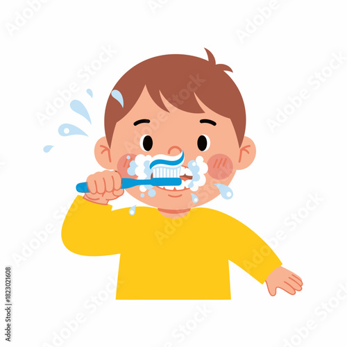 Young boy brushing teeth with toothpaste and toothbrush.