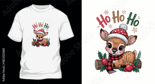 Cute reindeer with christmas hat and scarf sitting on log