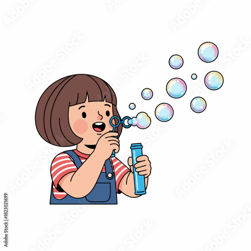 Girl Blowing Bubbles with Joyful Expression in a Whimsical Scene.