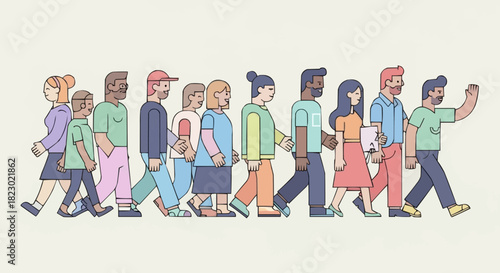 Diverse group of people walking together in a line, representing unity and community.