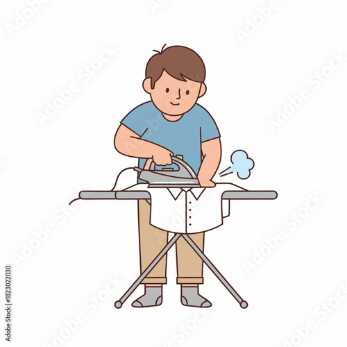 Man diligently ironing a shirt on an ironing board.