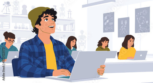 Inspired college student learning on a laptop in a modern science class. Vector illustration of higher education and technology