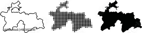 Tajikistan Map Vector Outline Halftone and Solid Silhouette Set