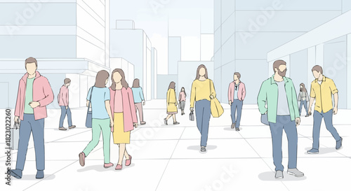 Colorful illustration of a diverse group of people walking.