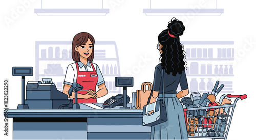 Grocery Checkout A Shopper at the Supermarket's Cash Register, with a Shopping Cart Full of Groceries