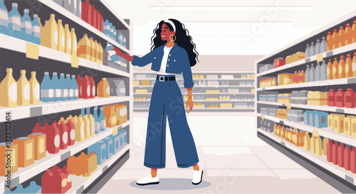 Vector illustration of a modern woman shopping in a grocery store aisle. Female customer selecting a product from a supermarket shelf