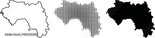 Guinea Map Vector Silhouette Outline and Halftone Set
