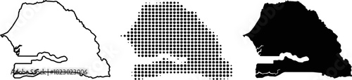 Senegal Map Vector Outline Halftone and Silhouette Set