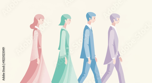 Stylized People Walking in a Row with Pastel Colors.
