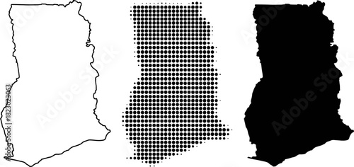 Ghana Map Three Styles Outline Halftone Silhouette