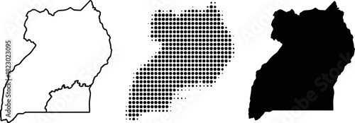 Uganda Map Outline Silhouette and Halftone Vector Set