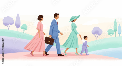Elegant Family Strolling Together in Stylish Attire.