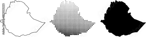 Ethiopia map vector set outline halftone and solid black silhouette