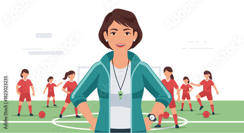 Empowering young athletes A confident female soccer coach leads a dynamic youth girls' team, inspiring teamwork and skill development on the green field during an engaging practice session