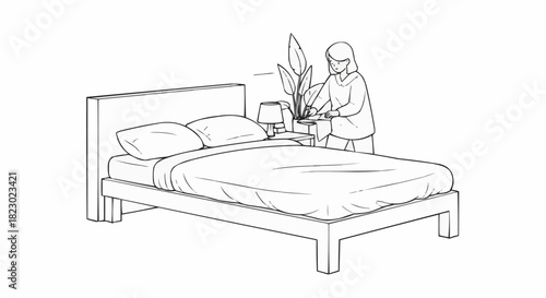 Hand drawn sketch of a person arranging a plant in a bedroom.