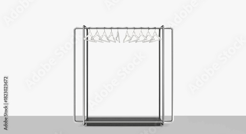 Minimalist clothing rack with empty hangers on a clean background.