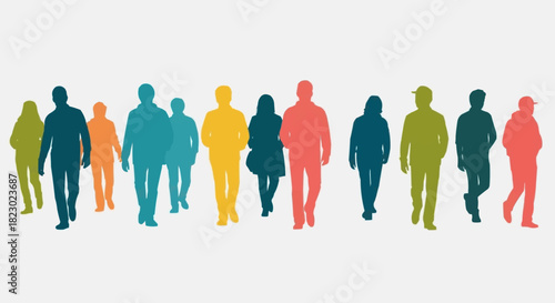 Colorful silhouettes of a diverse group of people walking forward.