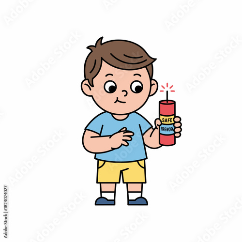 Cartoon Boy Holding Lit Firecracker with Caution.