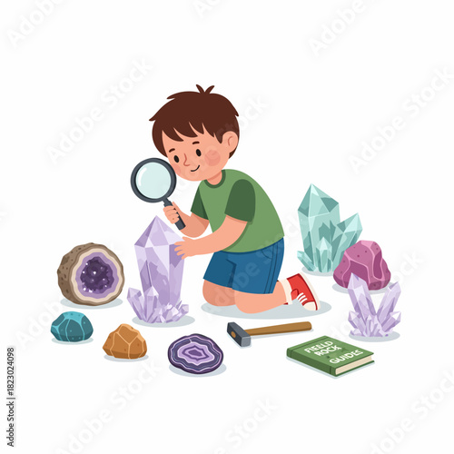 Young boy examines crystals with magnifying glass, exploring geology and minerals.