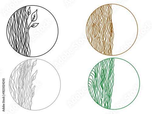 A collection of four circular bark or wood grain patterns. Vertical wood grain patterns are suitable for design purposes.
