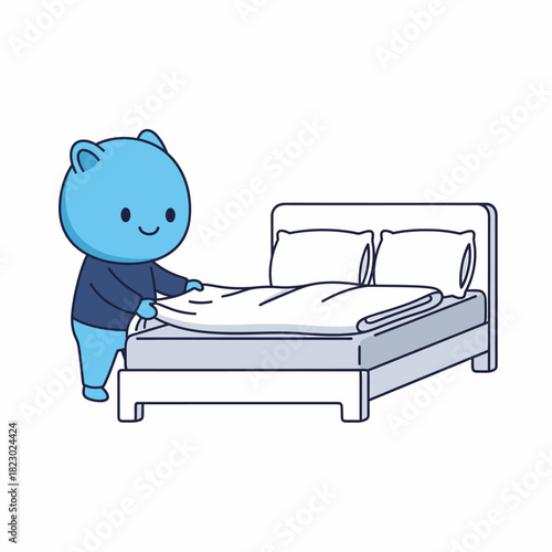 Cute Blue Bear Making Bed with White Duvet and Pillows.