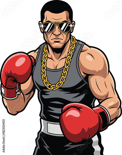 Muscular Boxer Wearing Sunglasses and Red Gloves in Fighting Stance
