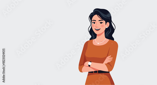 Charming and Confident Cartoon Businesswoman Vector Illustration with a Welcoming Smile and Crossed Arms, Perfect for Professional and Friendly Designs