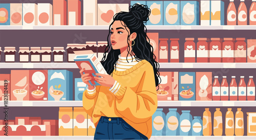 Woman Checking Food Labels in Grocery Store Aisle