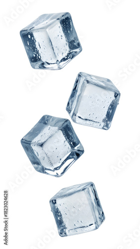 Falling four ice cubes isolated on transparent background