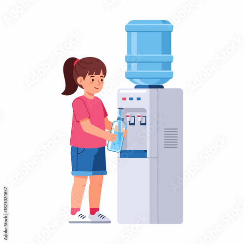 Young girl filling water bottle from cooler.