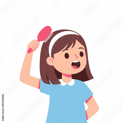 Young girl brushing her hair with a pink brush.