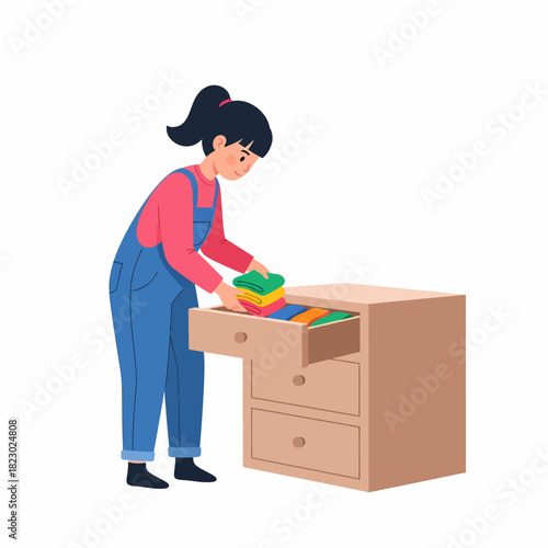 Young woman neatly folding clothes into a dresser drawer.