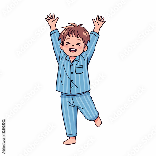 Happy young boy in blue striped pajamas stretching joyfully.
