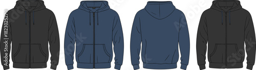 Hoodie flat sketch front and back views, zip up and pullover designs, casual streetwear apparel template, fashion garment illustration drawing