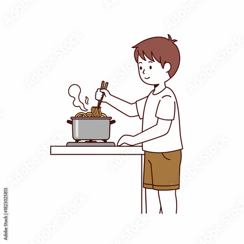 Young boy happily cooking noodles on a stove with chopsticks.