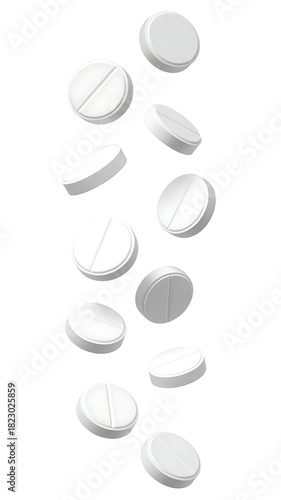 Falling white oval pills isolated on transparent background