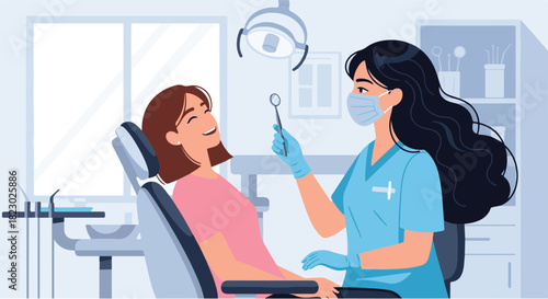 Dental Care Dentist Examining Patient in Clinic (Vector Illustration)