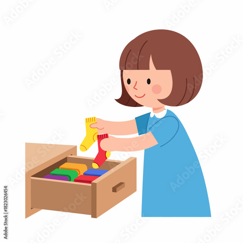 Child Organizing Clothes in a Drawer.