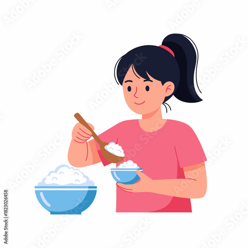 Young woman with a ponytail serving a bowl of white rice.