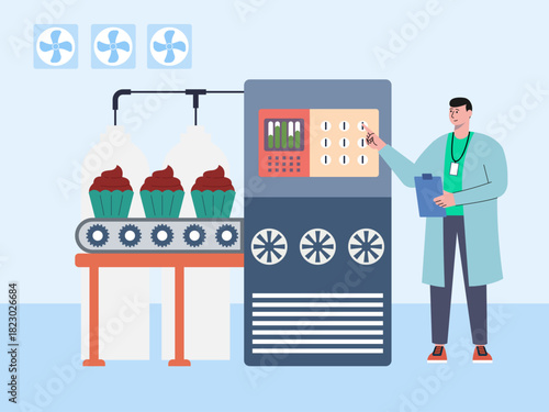 Man monitoring food production. Food industry vector illustration. Flat illustration concept.
