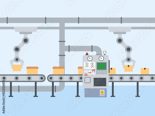 Industrial conveyor belt manufacturing. Food industry vector illustration. Flat illustration concept.