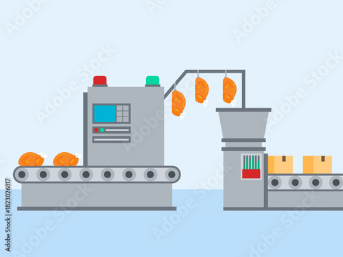 Machine that is making packing meat manufacturing. Food industry vector illustration. Flat illustration concept.