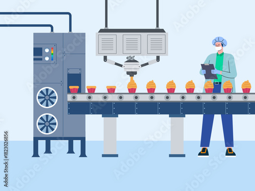 Food factory worker checking food production. Food industry vector illustration. Flat illustration concept.